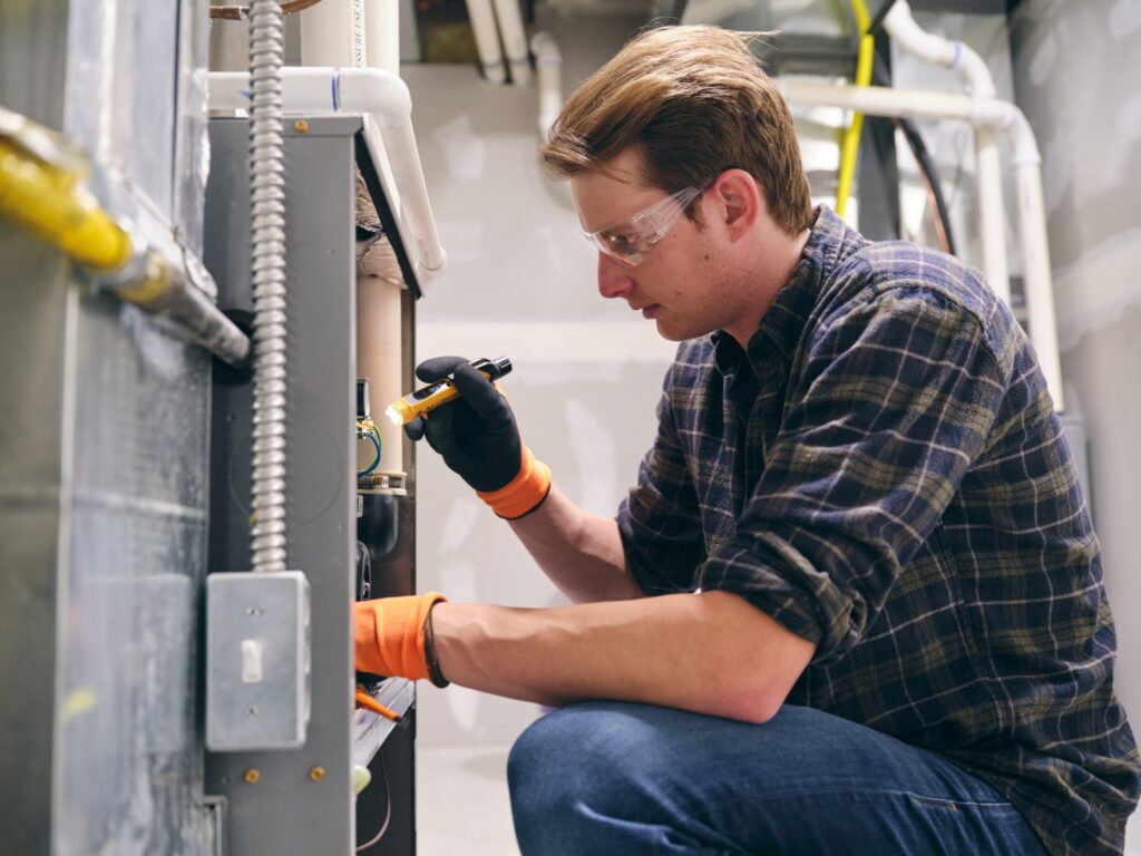 A technician servicing a furnace.
